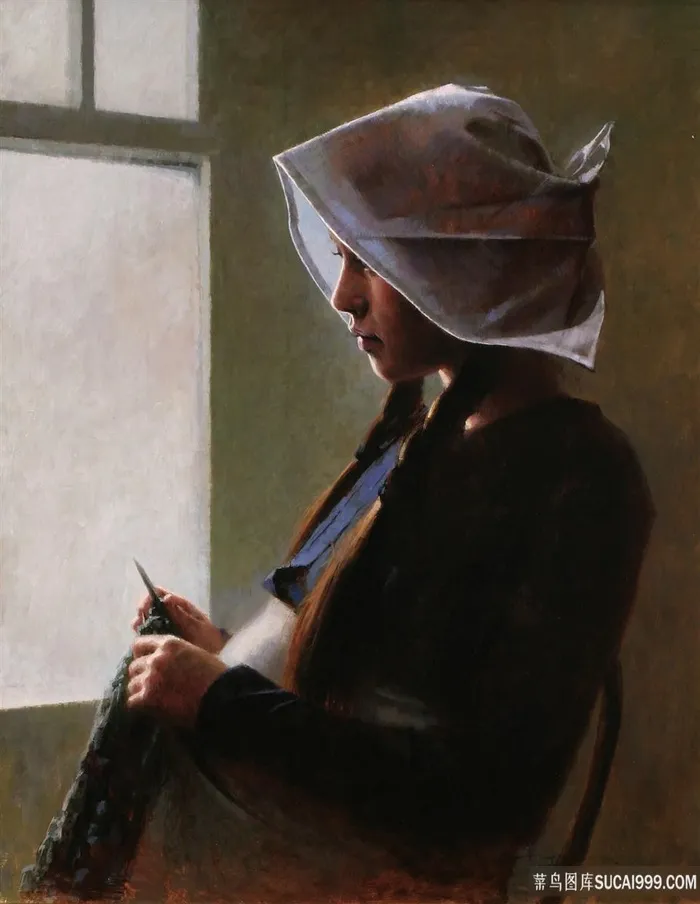 织毛线的女人肖像油画