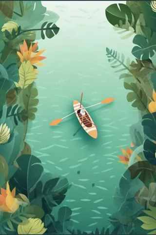 卡通插画湖面植物划船游湖背景