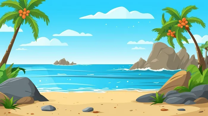 卡通插画海边沙滩礁石椰子树(4368x2448)