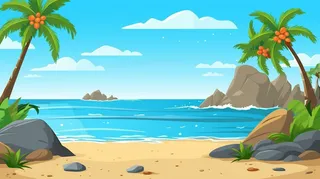 卡通插画海边沙滩礁石椰子树