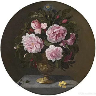 坎普罗宾，青铜石，粉红色花卉花瓶油画