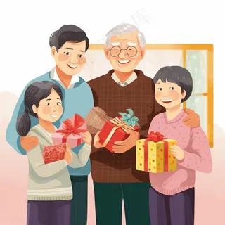 一家人家庭照礼物开心欢乐天伦之乐卡通插画素材背景
