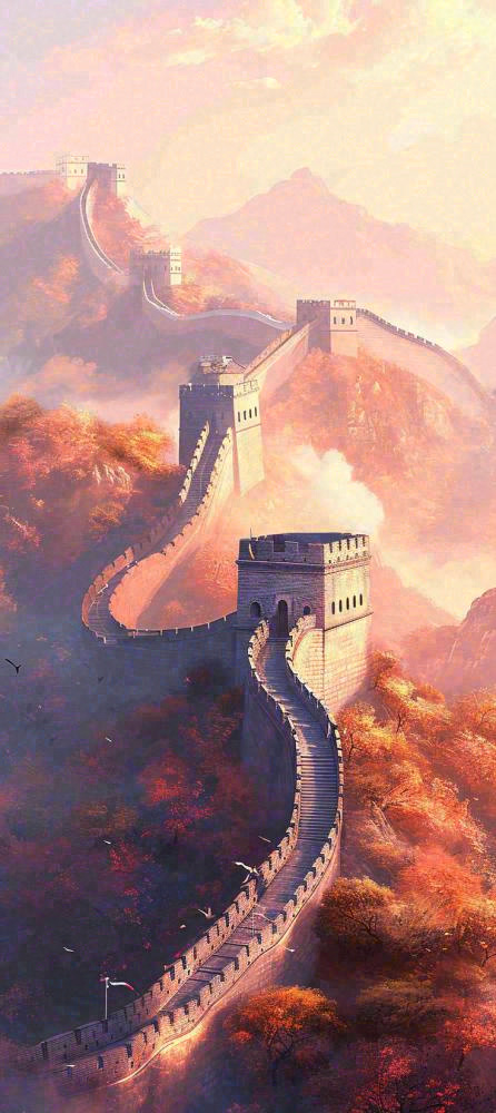 万里长城古风中国风古代建筑落日晚霞插画