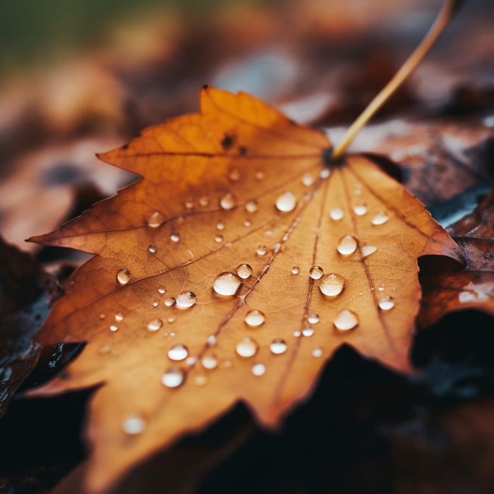 秋天掉落的树叶上的露珠摄影图