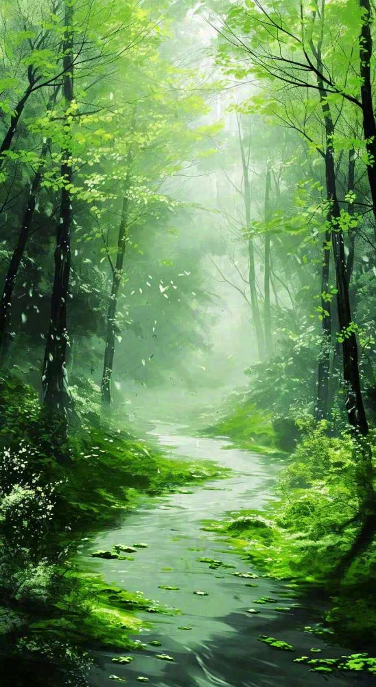 春天绿树成荫的树林里面小溪溪水飘着树叶(816x1488)