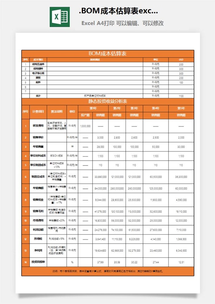 20.BOM成本估算表excel表格模板