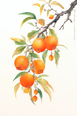 秋天树枝上挂着黄色果实水墨画水彩画素材