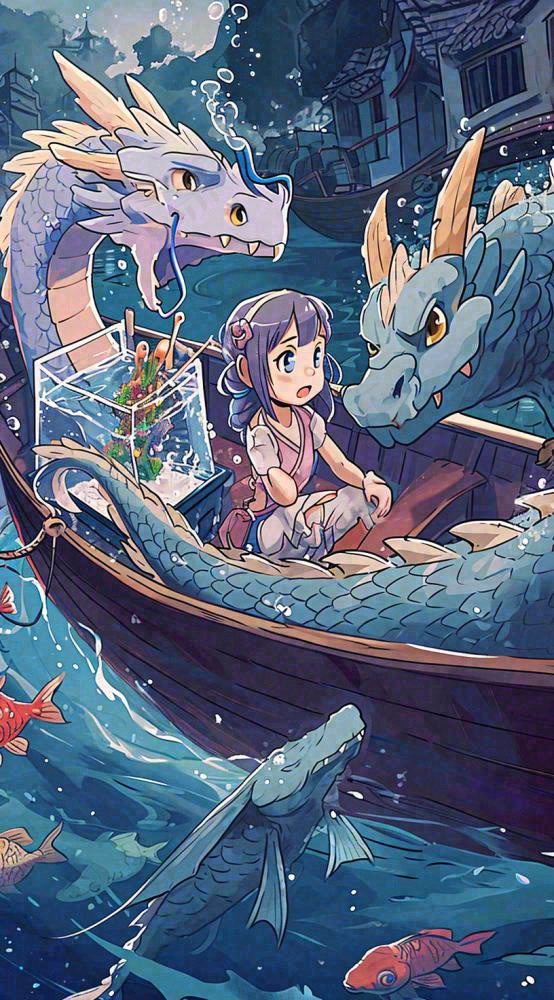 创意卡通古风河面人物游船，夜晚龙灯笼光照，海浪水面