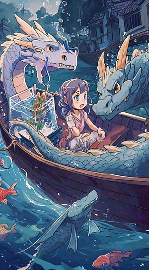 创意卡通古风河面人物游船，夜晚龙灯笼光照，海浪水面