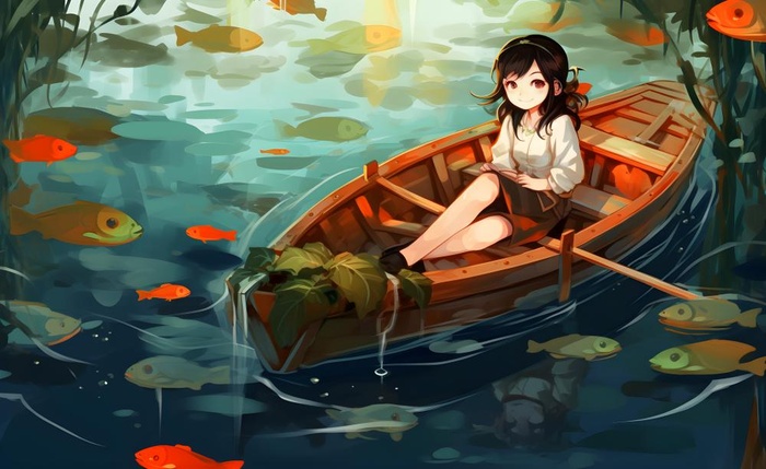 在湖中划船的女孩睡莲绿叶插画海报背景(5632x3456)