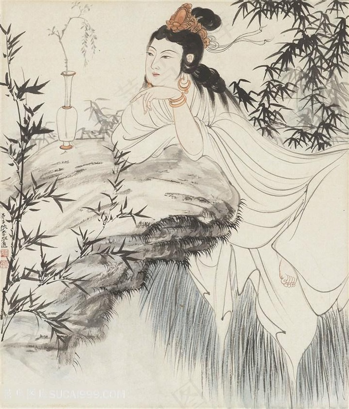 张大千手绘水墨美女竹子装饰画