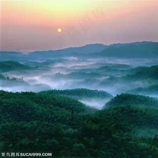 群山山脉- 竹海上方升起的一轮红日