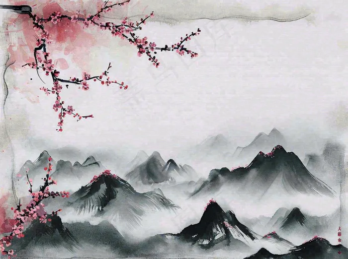 中国风水墨山水画，山脉枝叶花朵手绘插画(1264x944)