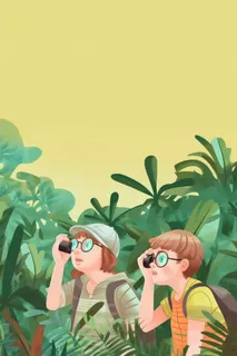 儿童户外探险森林叶子黄色海报背景