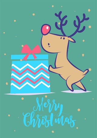 圣诞节快乐小麋鹿推礼物下雪