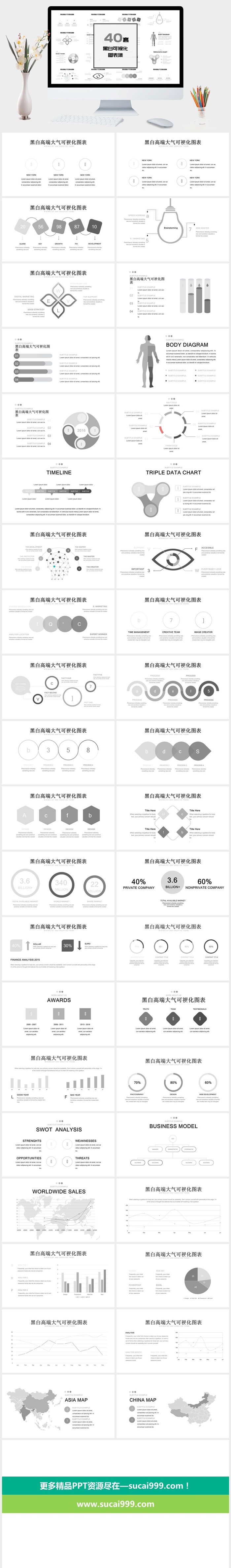 40页清新多彩商务图表集PPT模板