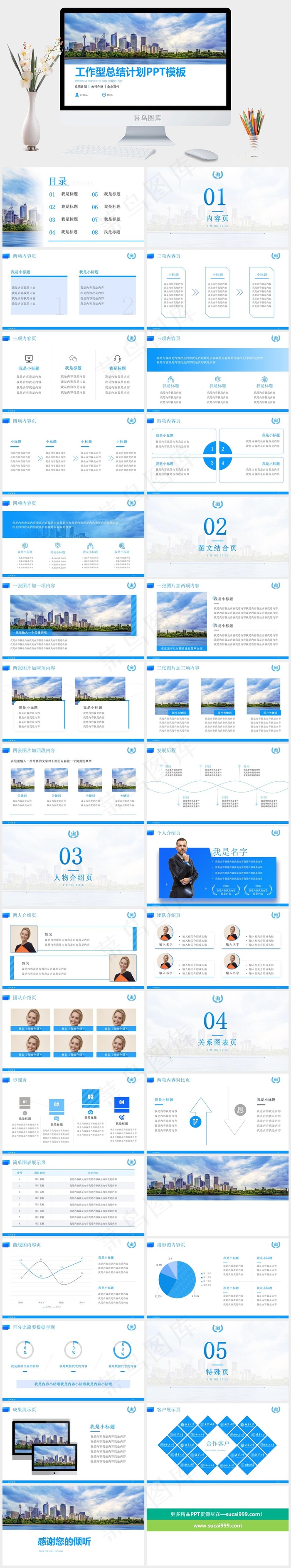 简洁蓝工作型总结计划通用ppt模板