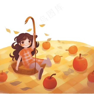 秋日野餐户外活动少女欢乐橙色卡通插画免抠