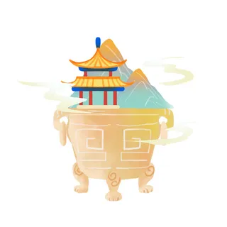 时尚微景观山水装饰庭院祥云中式国潮风插图插画元素素材设计模板