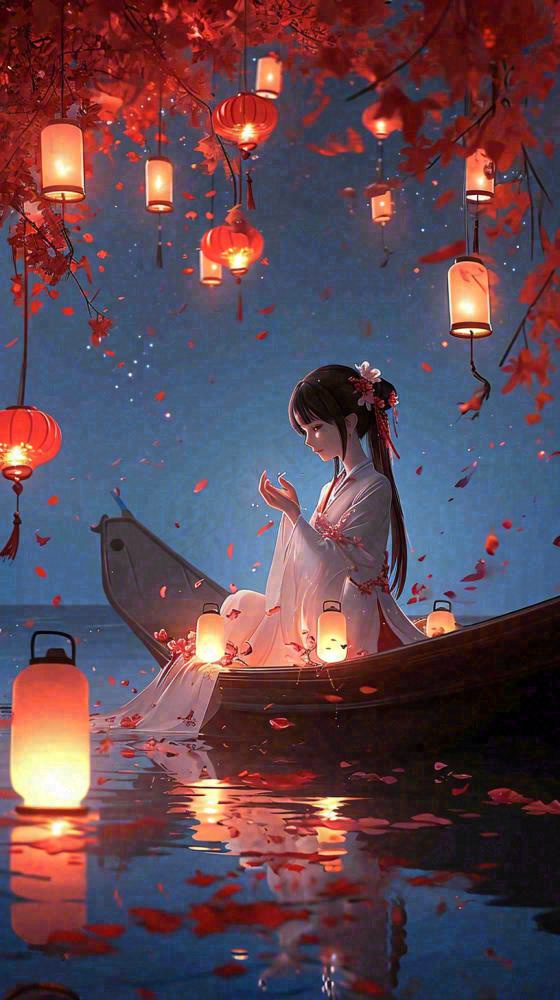古风夜晚湖边少女灯笼意境水面