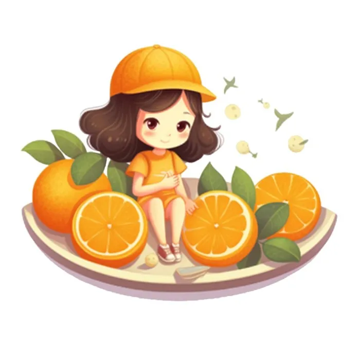 在橙子盘子里的女孩插画免抠(1024x1024)