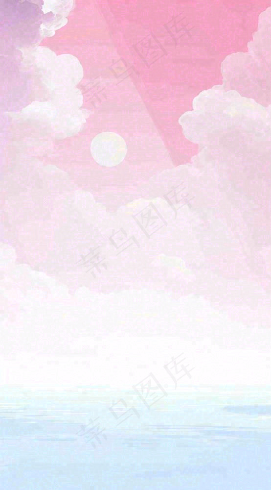 粉蓝渐变天空白云简约温馨，阳光海面海洋扁平插画
