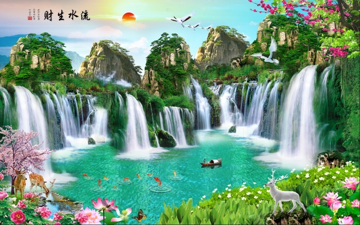 流水生财小船双鹿山水背景墙