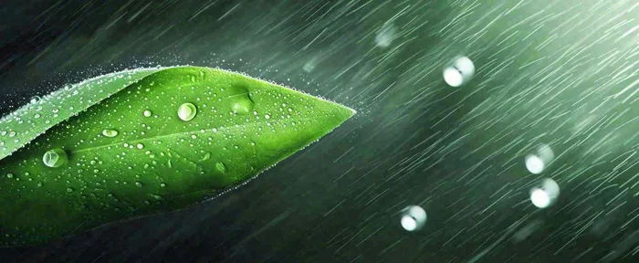 春天下雨天树叶草叶上的露珠水珠，谷雨雨水摄影图(1712x704)