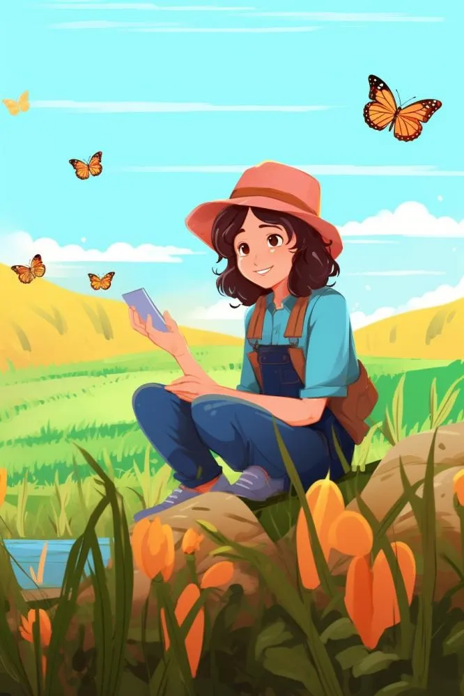 绿色清新草地人物插画(896x1344)