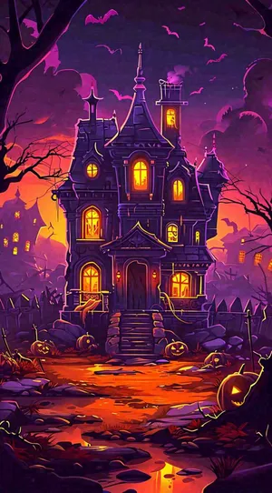 万圣节恐怖城堡南瓜夜晚暗紫色卡通节日