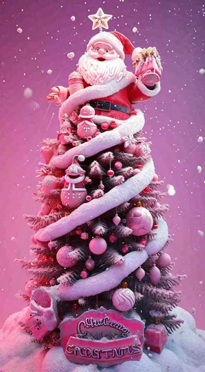 圣诞节快乐圣诞老人雪花，粉色渐变卡通