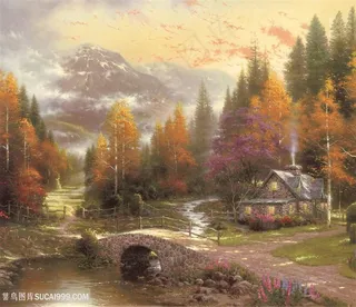 拱桥乡村田园美景插画油画