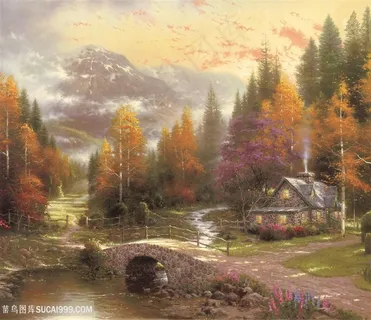 拱桥乡村田园美景插画油画 拱桥乡村田园美景插画油画