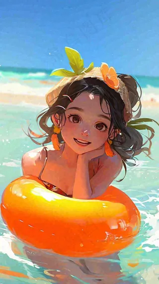 夏日阳光沙滩度假比基尼泳衣游玩旅行游泳插画，大暑小暑暑期