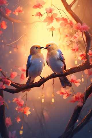 小鸟比翼双飞桃花花树枝头插画背景