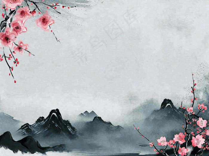 中国风水墨山水画，山脉枝叶花朵手绘插画(1264x944)