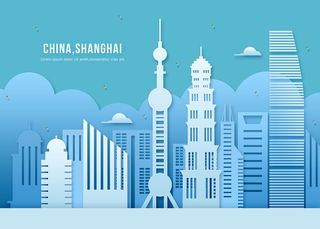 城市大厦建筑剪纸风PSD素材