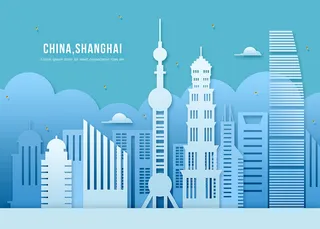 城市大厦建筑剪纸风PSD素材