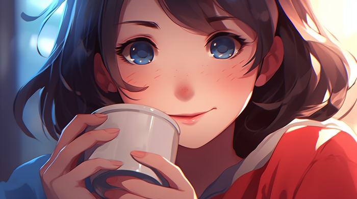 动漫插画红衣女孩握杯子喝水背景