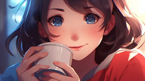 动漫插画红衣女孩握杯子喝水背景