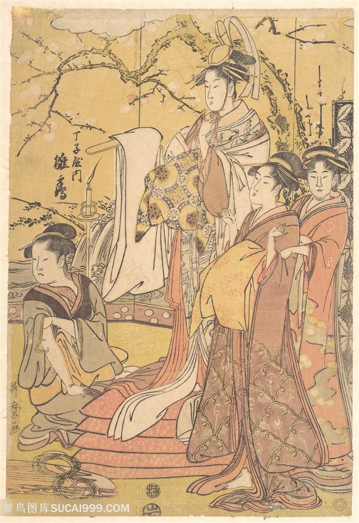 喜多川歌磨手绘府邸美女装饰画