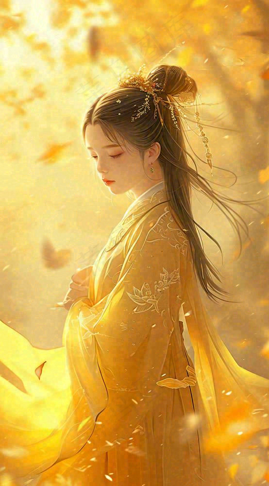 中国风秋天秋叶橙色古风美人手绘插画(816x1472)