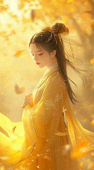 中国风秋天秋叶橙色古风美人手绘插画