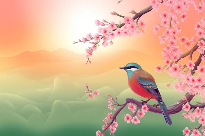 清新黄绿花枝小鸟阳光背景