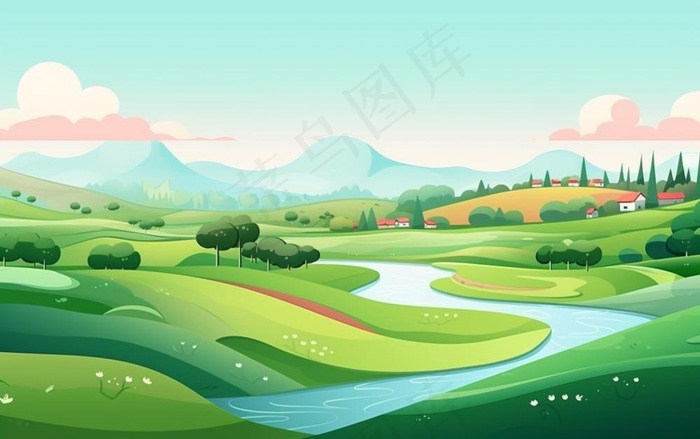 乡村村庄美丽风景河流插画农田插画背景(1376x864)