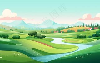 乡村村庄美丽风景河流插画农田插画背景