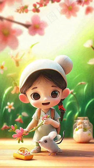 儿童节小女孩田间游玩小草小花，动物鱼类可爱