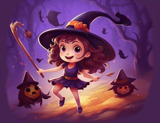 万圣节女巫骑扫把紫色卡通插画背景