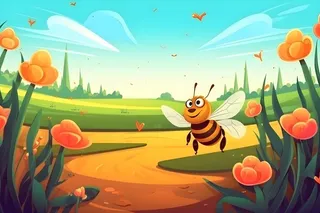 春天草丛花朵蜜蜂蓝天白云手绘插画海报素材背景