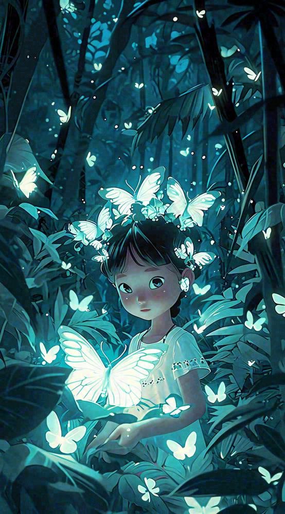 森林意境儿童少女灯光蝴蝶手绘插画，丛林树木